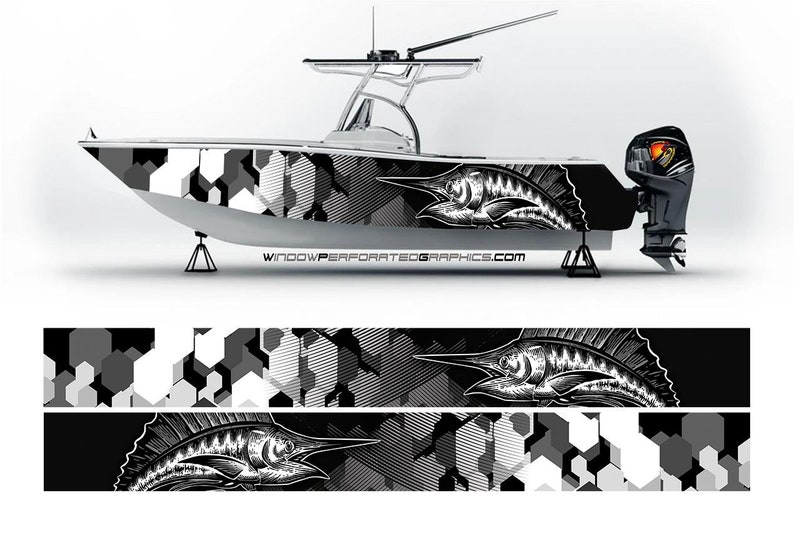 Fishing Boat Trailer - ลายพรางสีดำและสีขาวมาร์ลินฟิชไวนิลเรือห่อโป๊ะตกปลานักกีฬา skiffs นักเดินเรือเรือฯลฯห่อหุ้มเรือ D